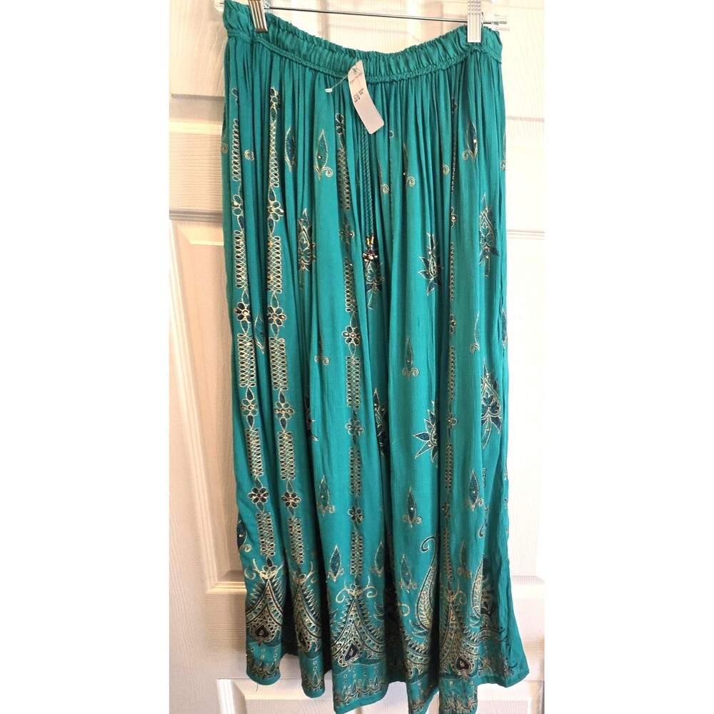NWT Royal Paisley Boho Maxi Skirt 100% Cotton Embellished Whimsical Hippie Teal